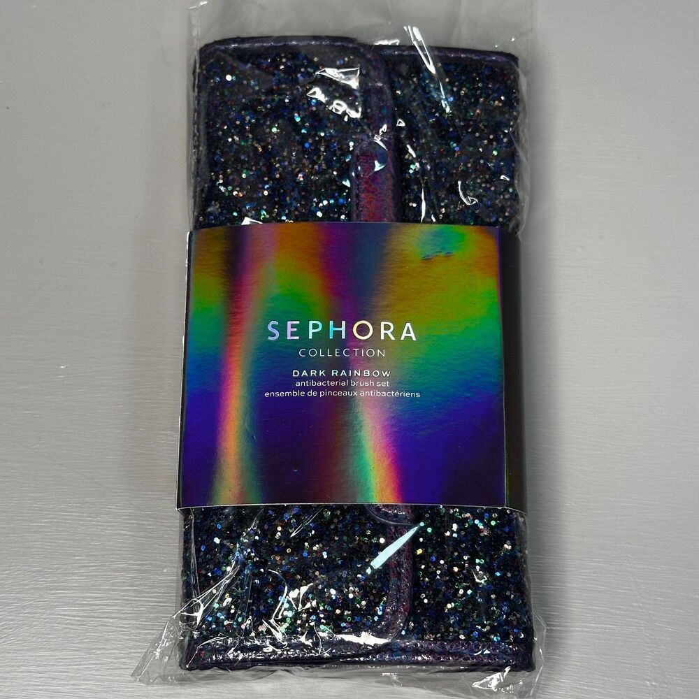 Sephora Dark Rainbow Antibacterial 7 Brush Set Glitter Case Limited Edition
